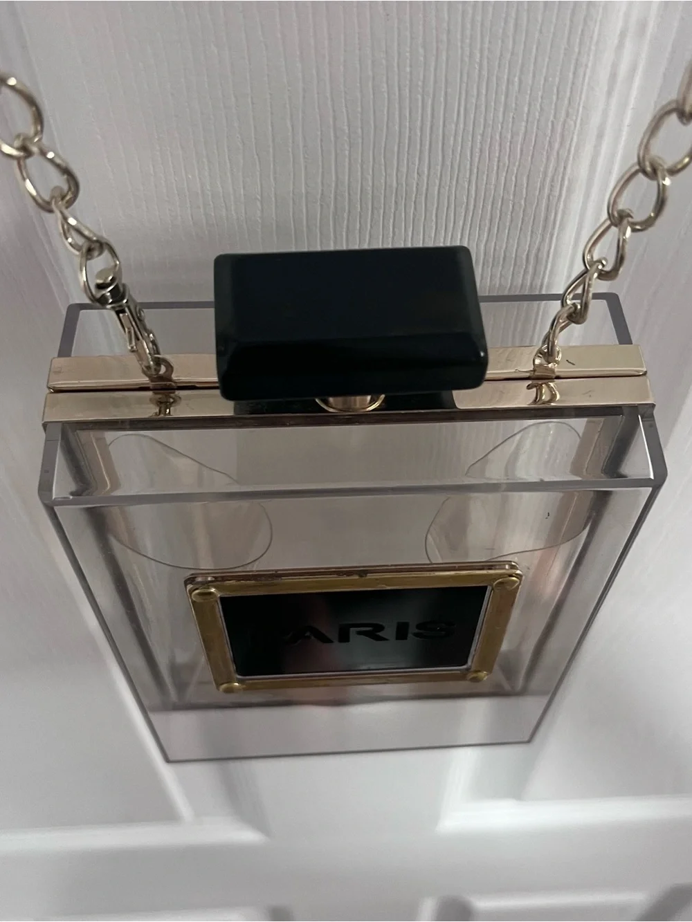 Clear Paris Perfume Bottle Cross Body Purse - Gold & Black Accents